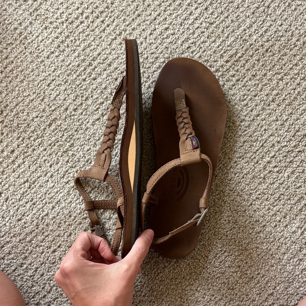 Rainbow Braided Leather T-Strap Sandals in Brown